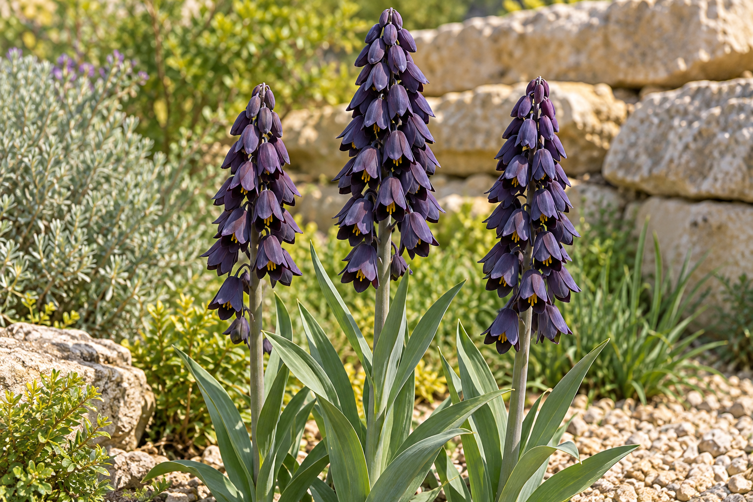 KI-gestaltete spätere Blüte von Fritillaria persica am passenden Gartenplatz