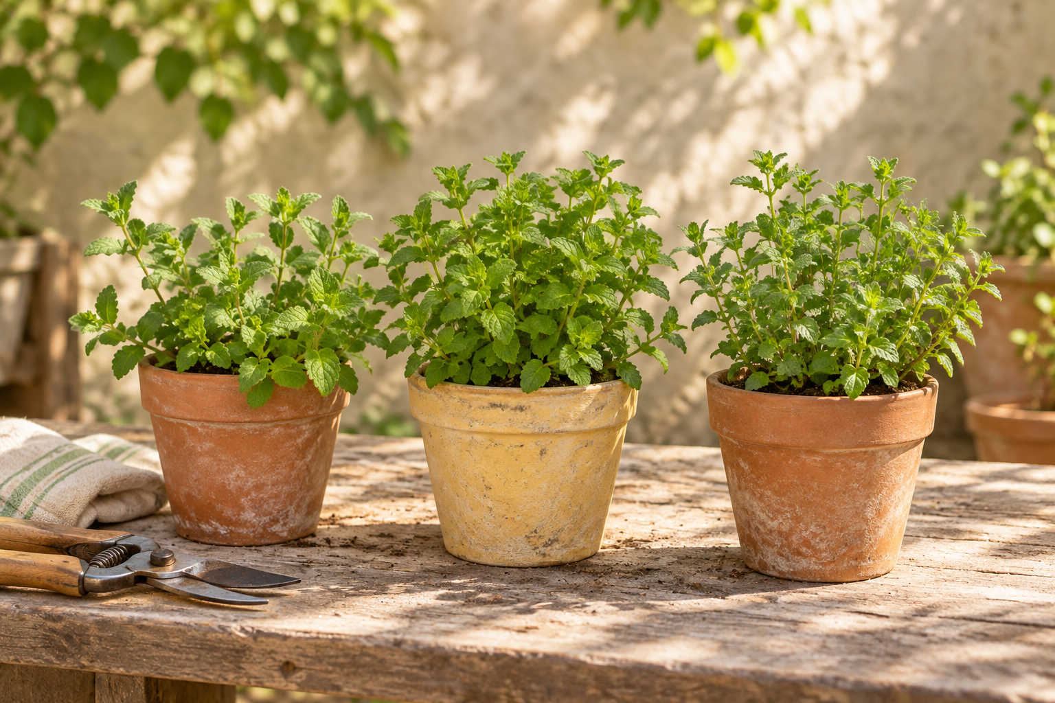 Drei kompakte junge Minzen mit grünem gezähntem Laub in getrennten kleinen Töpfen auf einem hellen Garten-Pflanztisch, KI-Szene