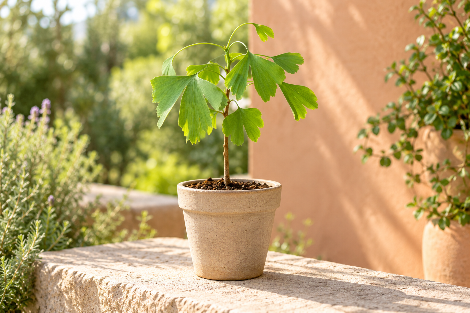 Junger Ginkgo mit schlankem Stamm und grünen Fächerblättern in einem hellen Gefäß auf einer sonnigen Gartenterrasse; KI-Szene