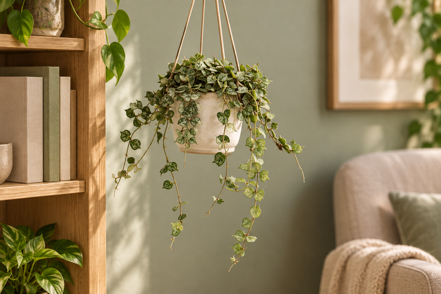 Hoya curtisii mit kleinen silbrig gesprenkelten Blättern in einer cremefarbenen Ampel vor einem offenen Bücherregal