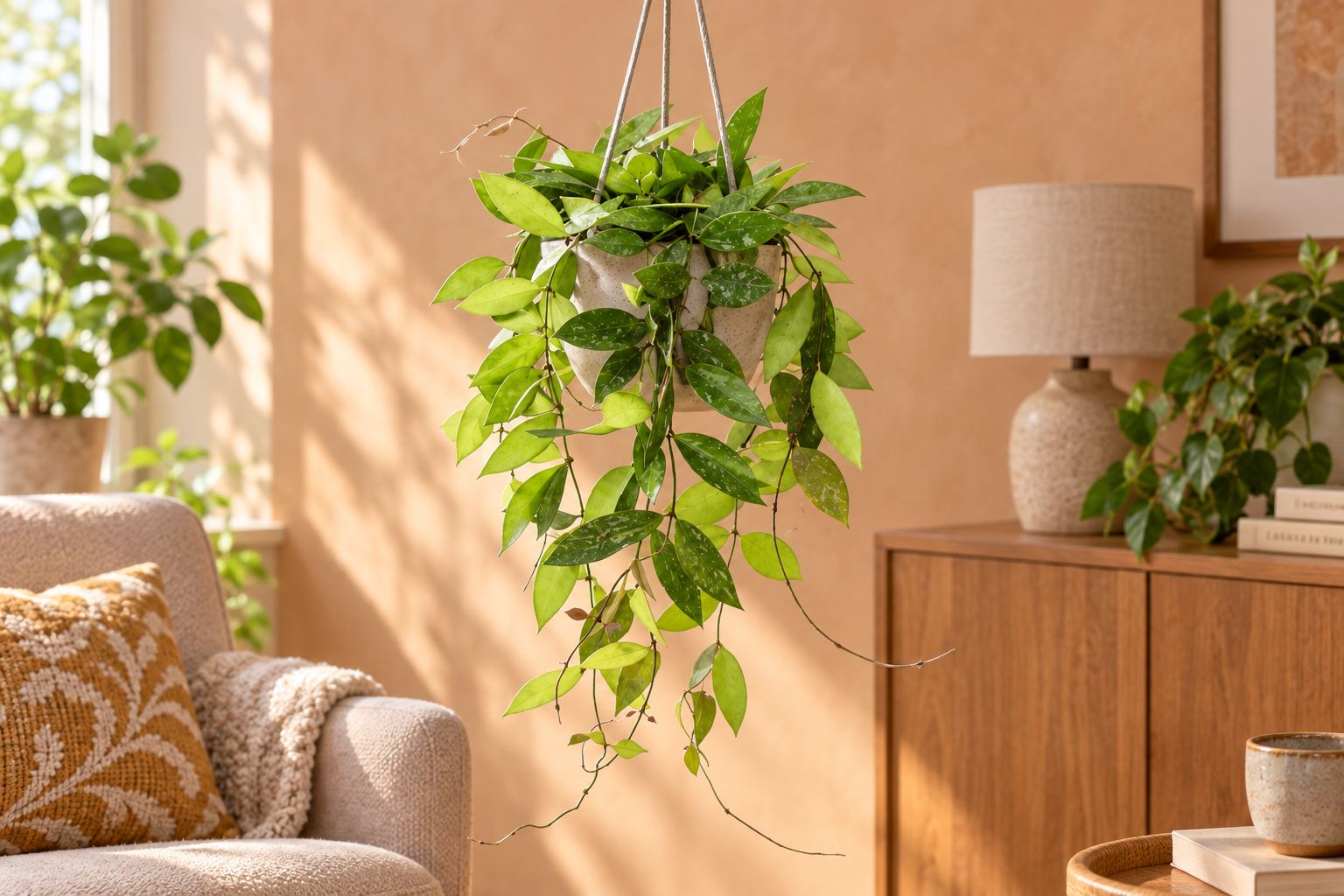 Hoya gracilis mit langen silbrig gesprenkelten Ranken in einer cremefarbenen Ampel an einer warmen Leseecke