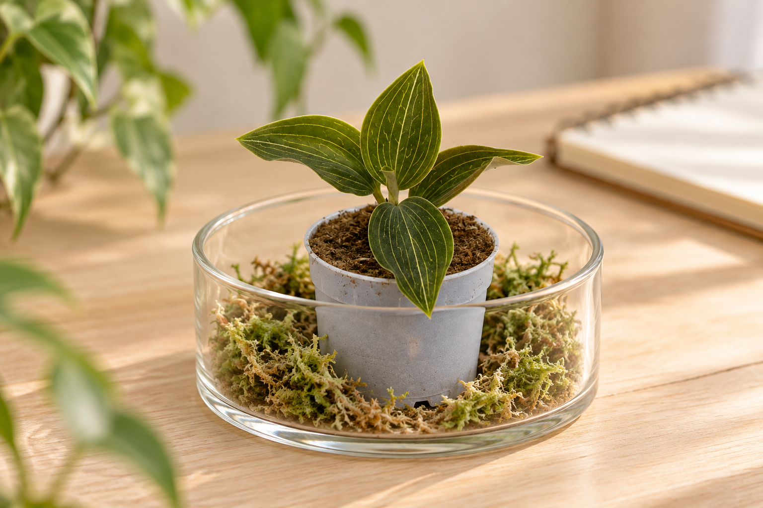 Jeune orchidée bijou Citrine dans une scène de terrarium créée par IA
