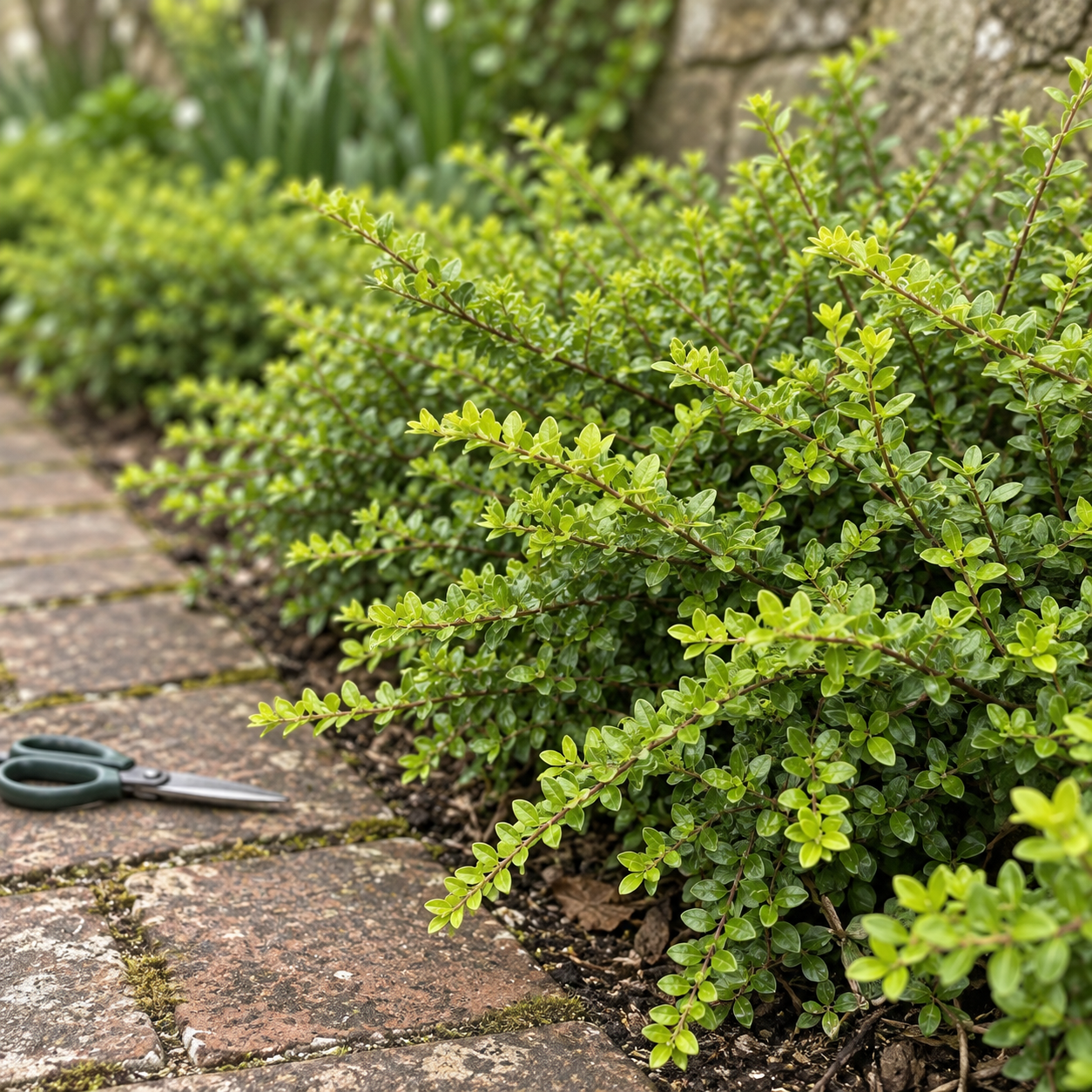 KI-Detailansicht der späteren Gartenentwicklung: Heckenmyrte Maigrün