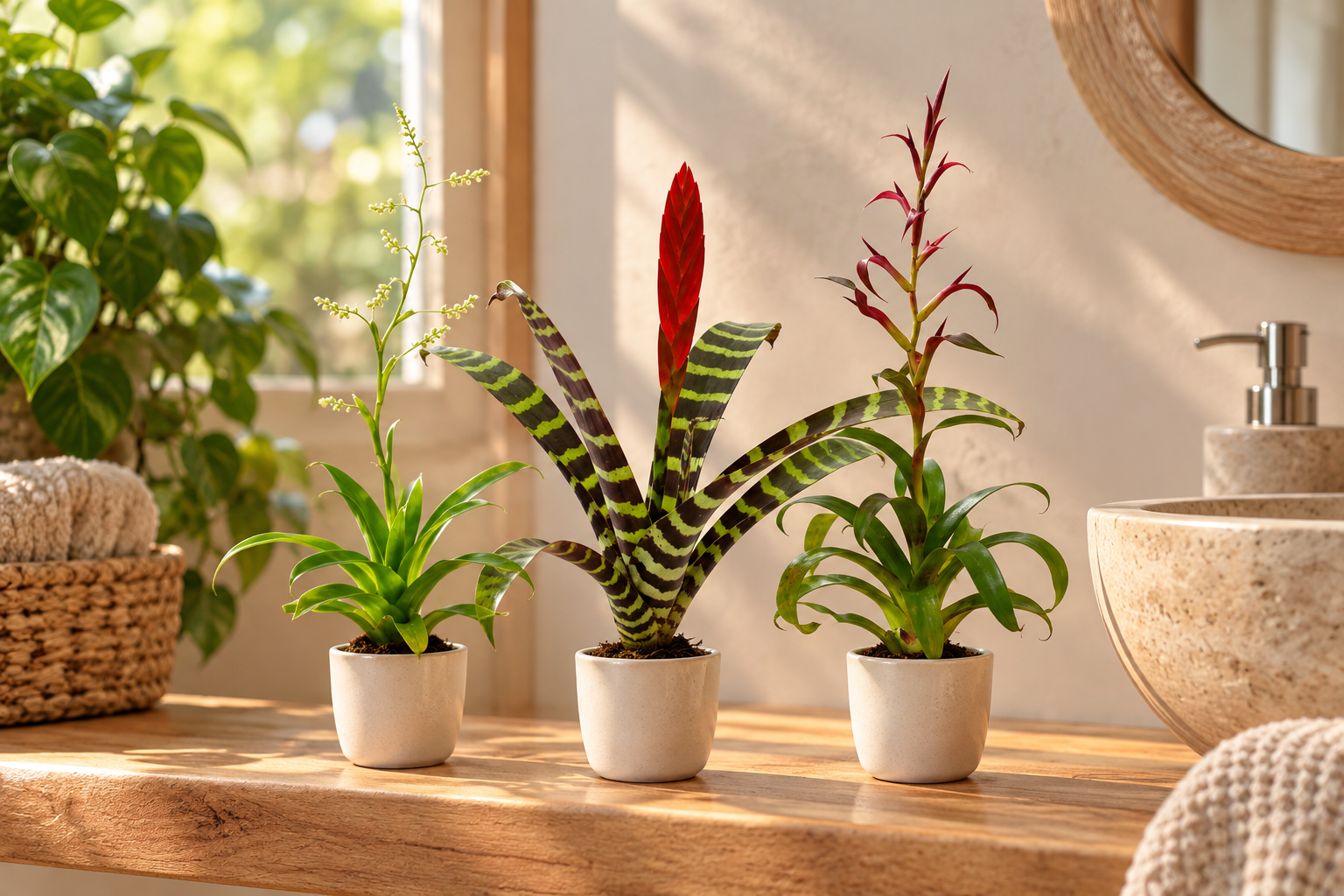 Drei Mini-Bromelien mit feiner heller Rispe, gestreiftem Vriesea-Laub mit rotem Schwert und verzweigtem roten Blütenstand auf einer hellen Badezimmerablage, KI-Szene