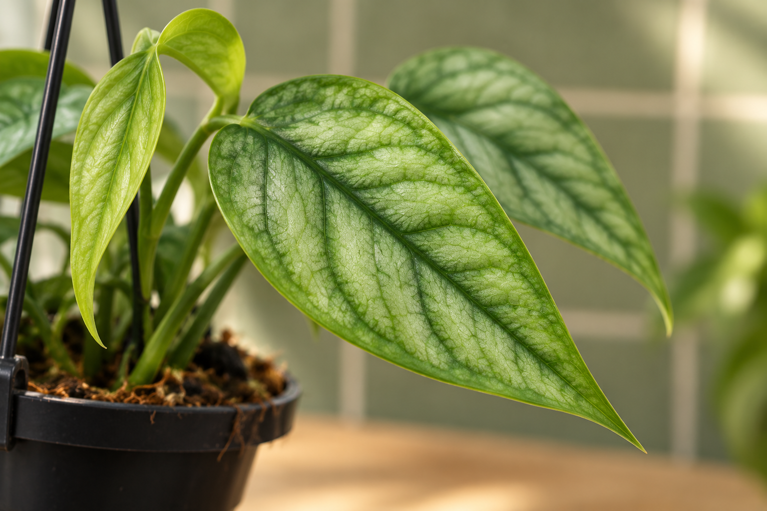 Vergrößerte angeheftete silbergrüne Jugendblätter von Monstera siltepecana mit dunkelgrüner Mittelader und verzweigten Adern
