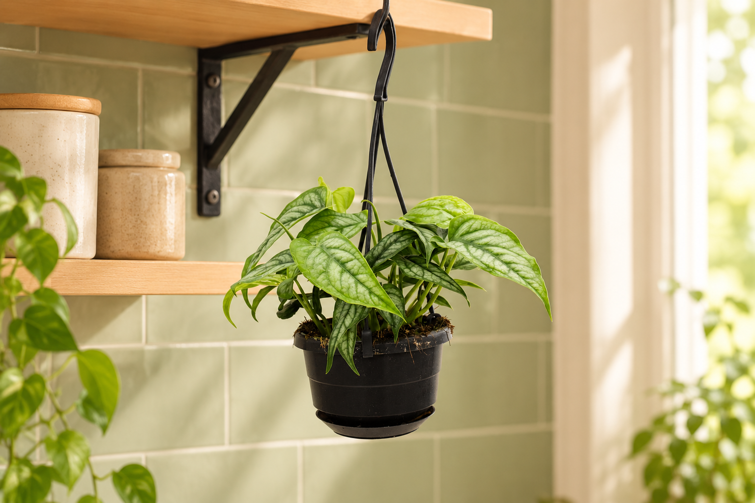 Kompakte Monstera siltepecana mit silbergrünen ungeteilten Blättern in einer schwarzen Mini-Ampel an einem hellen Küchenregal