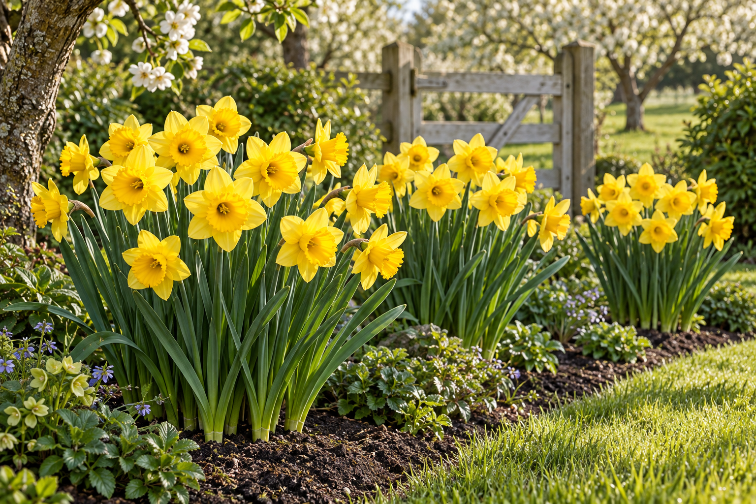 KI-gestaltete Gartenszene der späteren Blüte von Narcissus 'Carlton'; geliefert werden Zwiebeln