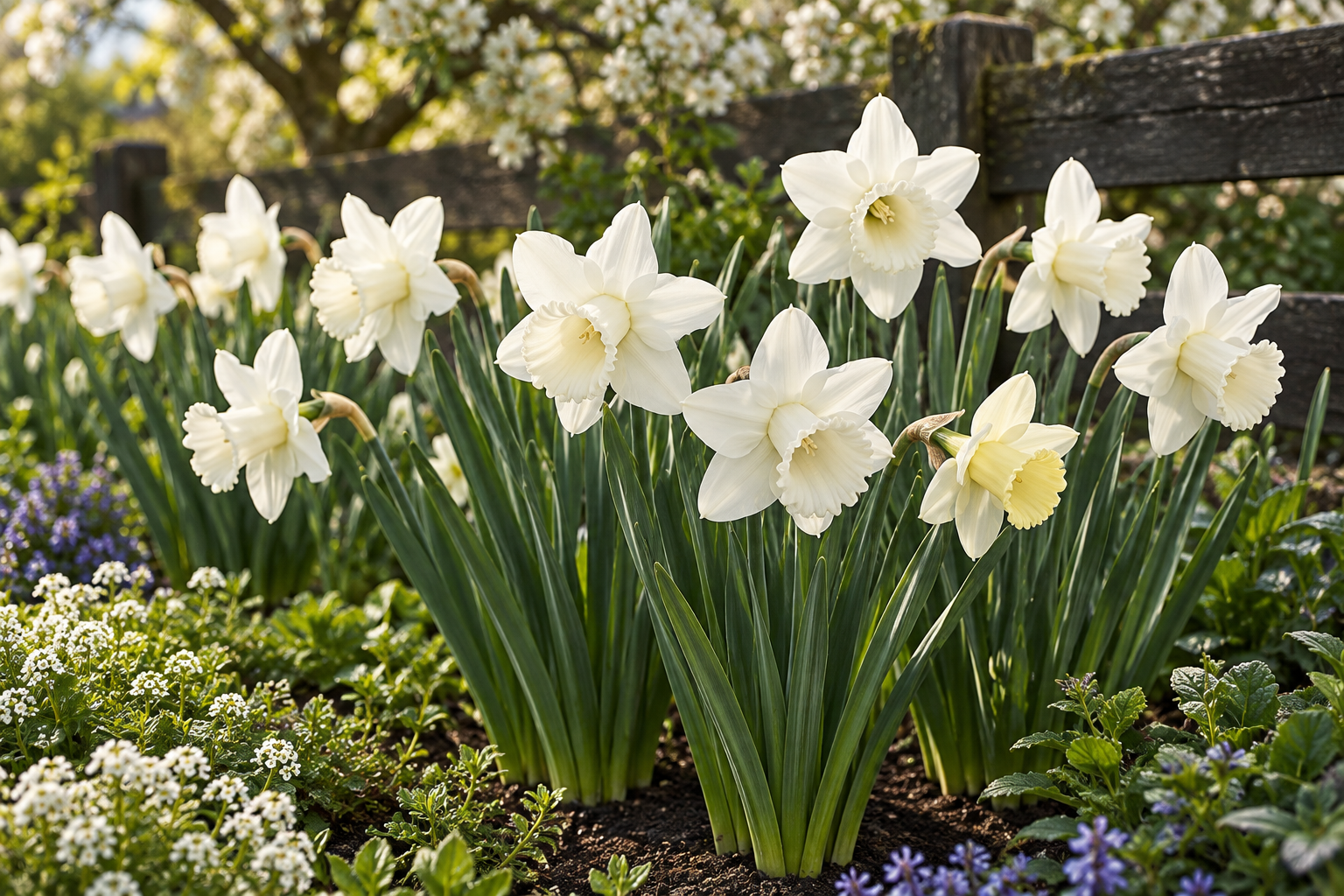 KI-gestaltete Gartenszene der späteren Blüte von Narcissus 'Mount Hood'; geliefert werden Zwiebeln