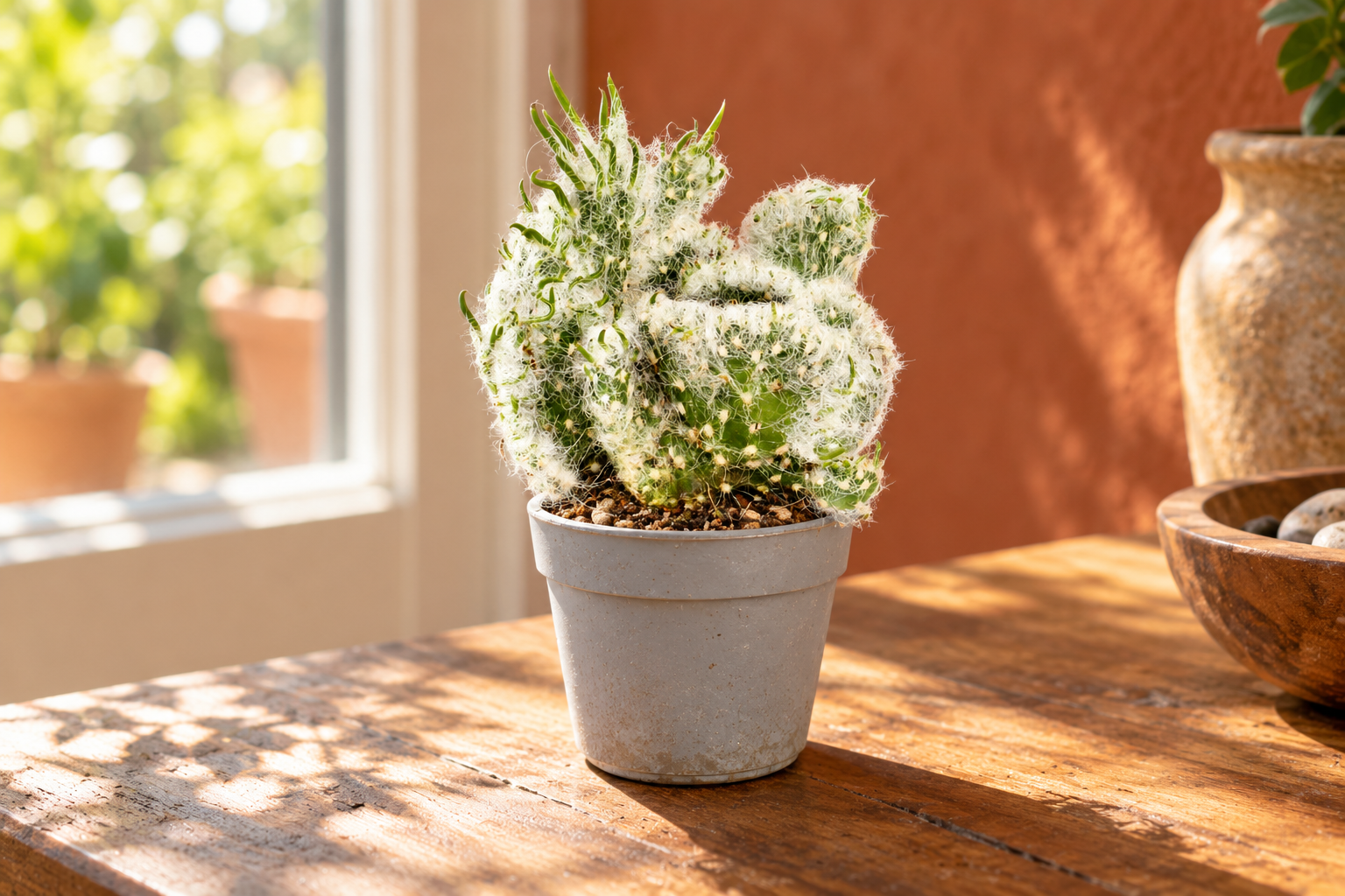 KI-gestaltete Szene mit Opuntia vestida cristata in den Proportionen der konkreten Sortimentspflanze