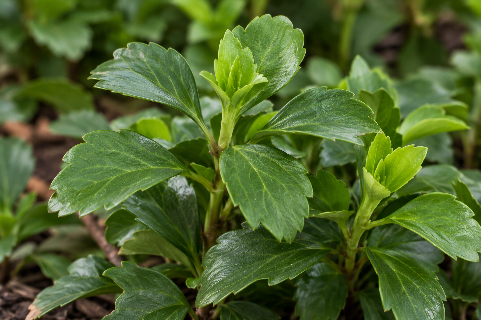 Vergrößerte KI-Detailansicht dunkelgrüner keilförmiger Pachysandra-Blätter mit gröberen Zähnen am oberen Rand