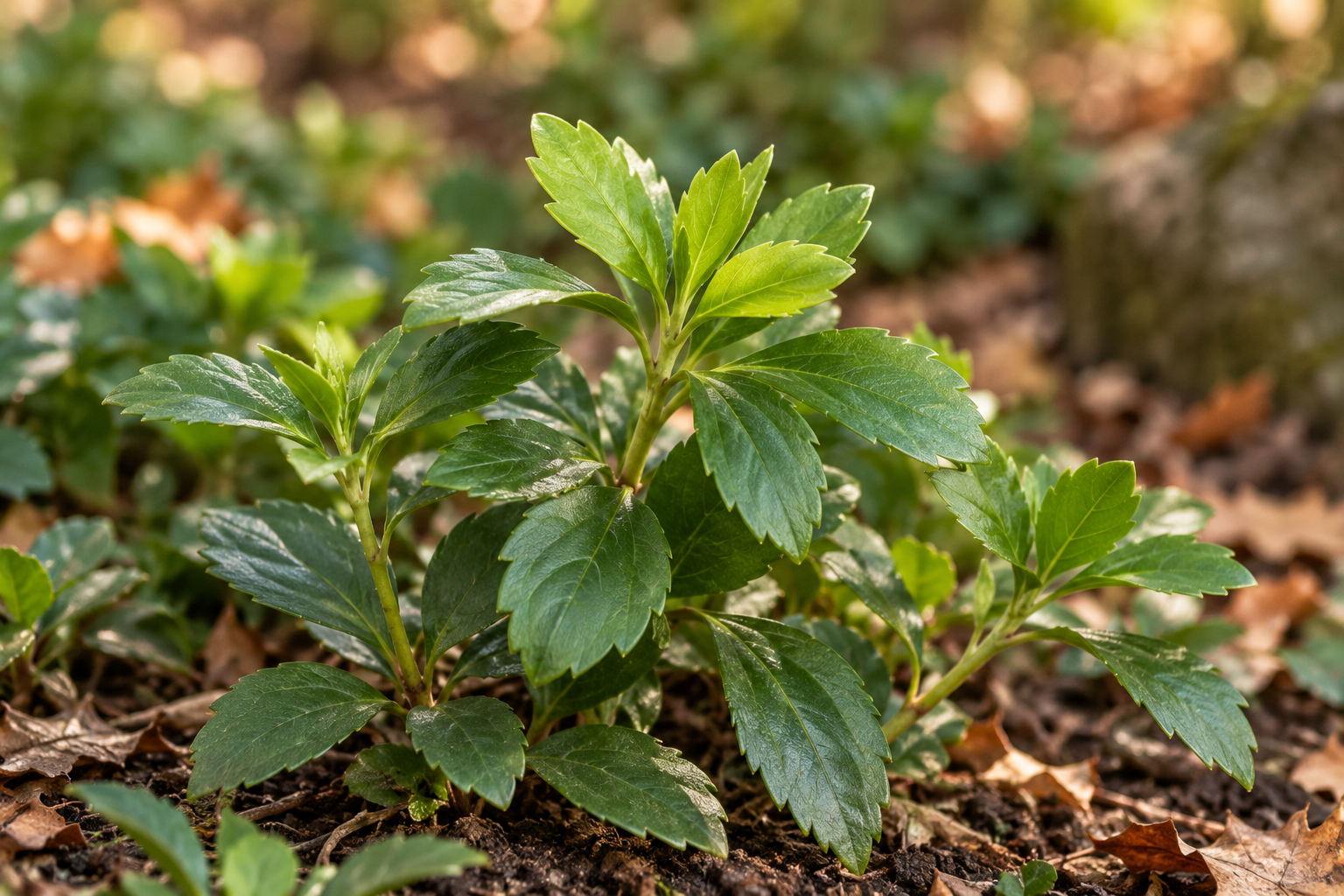 KI-Detail grüner keilförmiger Pachysandra-Blätter an kurzen Triebspitzen