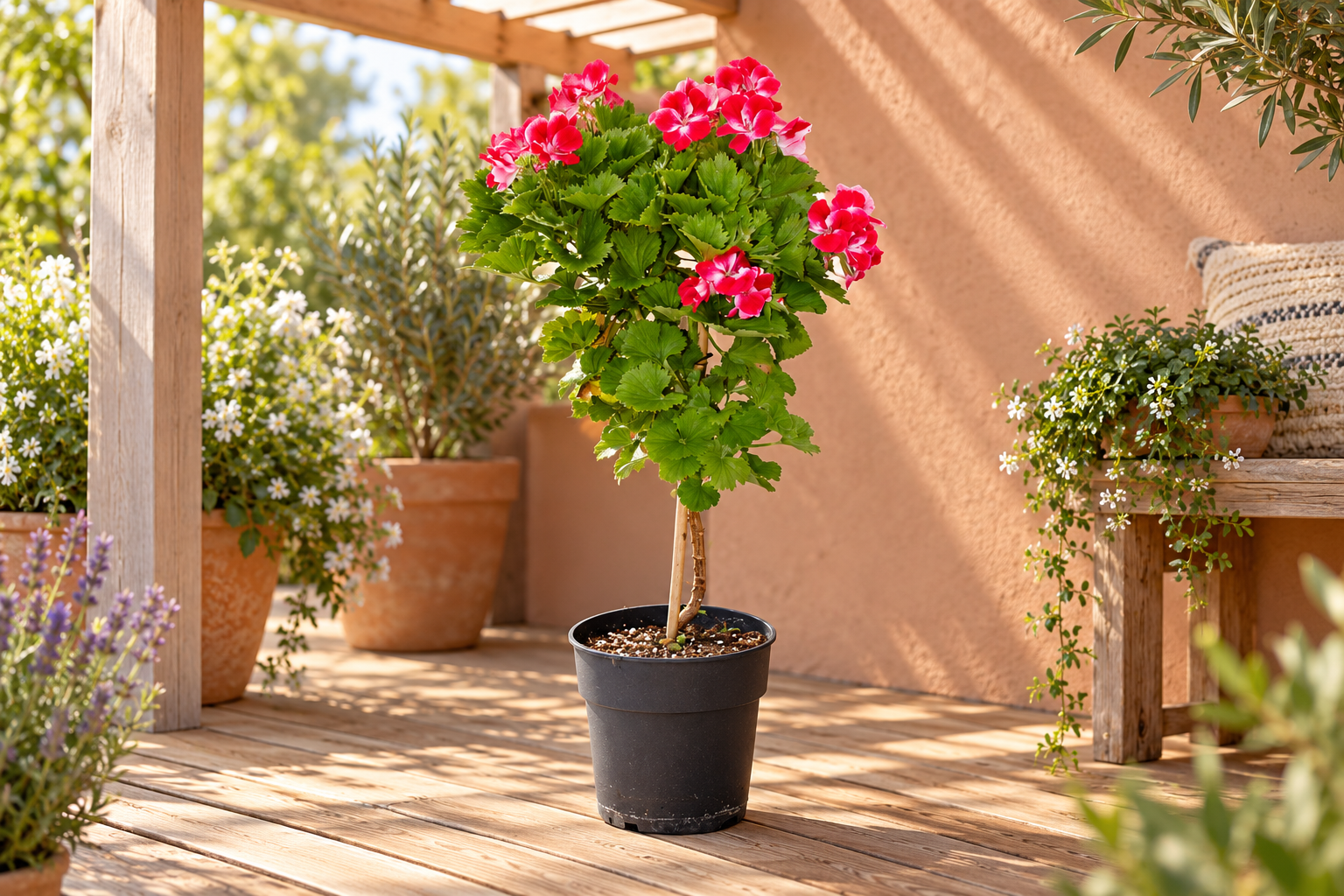 KI-gestaltete Gartenszene mit Pelargonium Grandiflorum Swiss · Edelgeranien-Handelsauswahl in den Proportionen der jungen Sortimentspflanzen