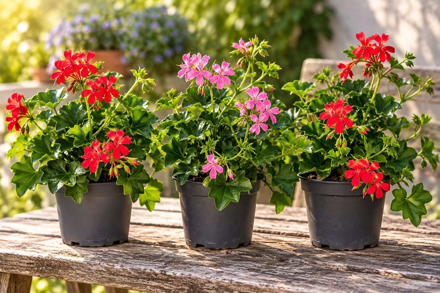 KI-gestaltete Gartenszene mit Pelargonium peltatum · Ville-de-Paris-Auswahl in den Proportionen der jungen Sortimentspflanzen