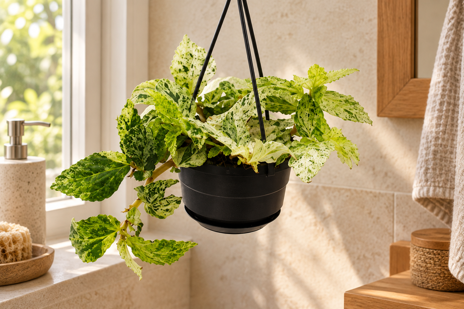 Small black Pellionia hanging pot with cream-green marbled wavy toothed leaves in a bright bathroom by a window