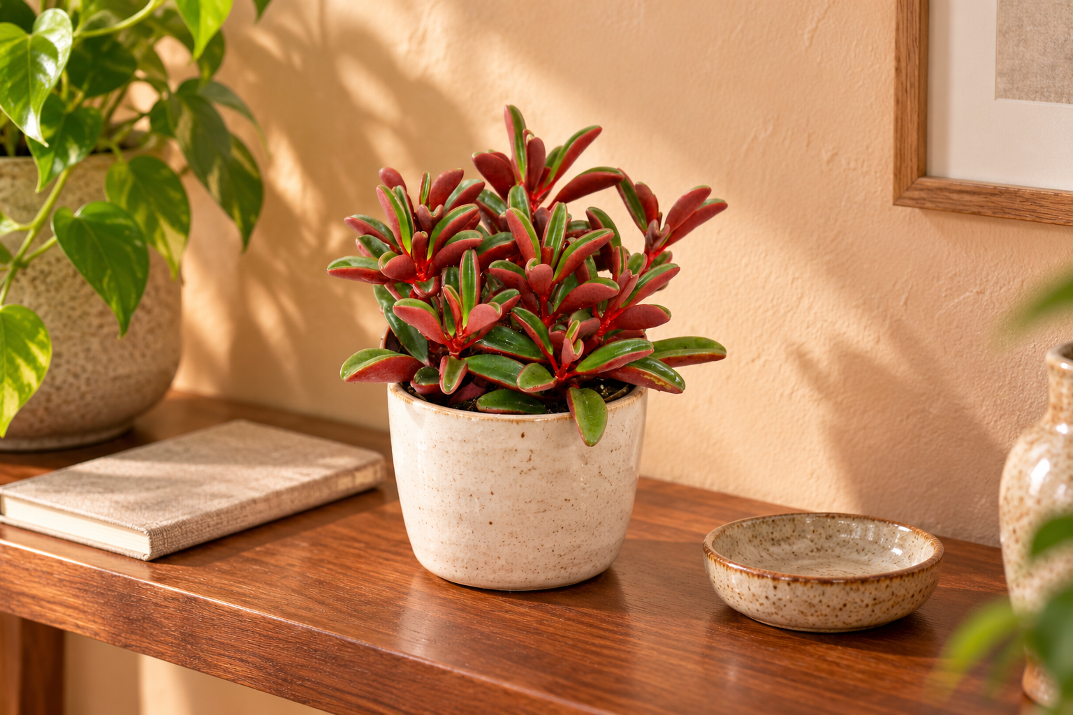 Kompakte Peperomia graveolens mit roten Blattunterseiten im cremefarbenen Übertopf auf einem Holzregal