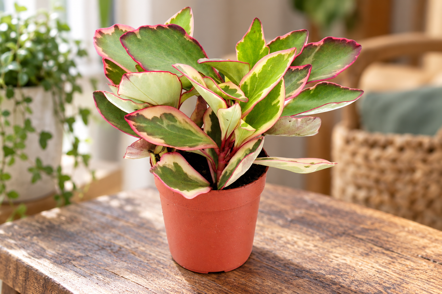 Vergrößerte KI-Detailansicht von Peperomia clusifolia 'Jewel'