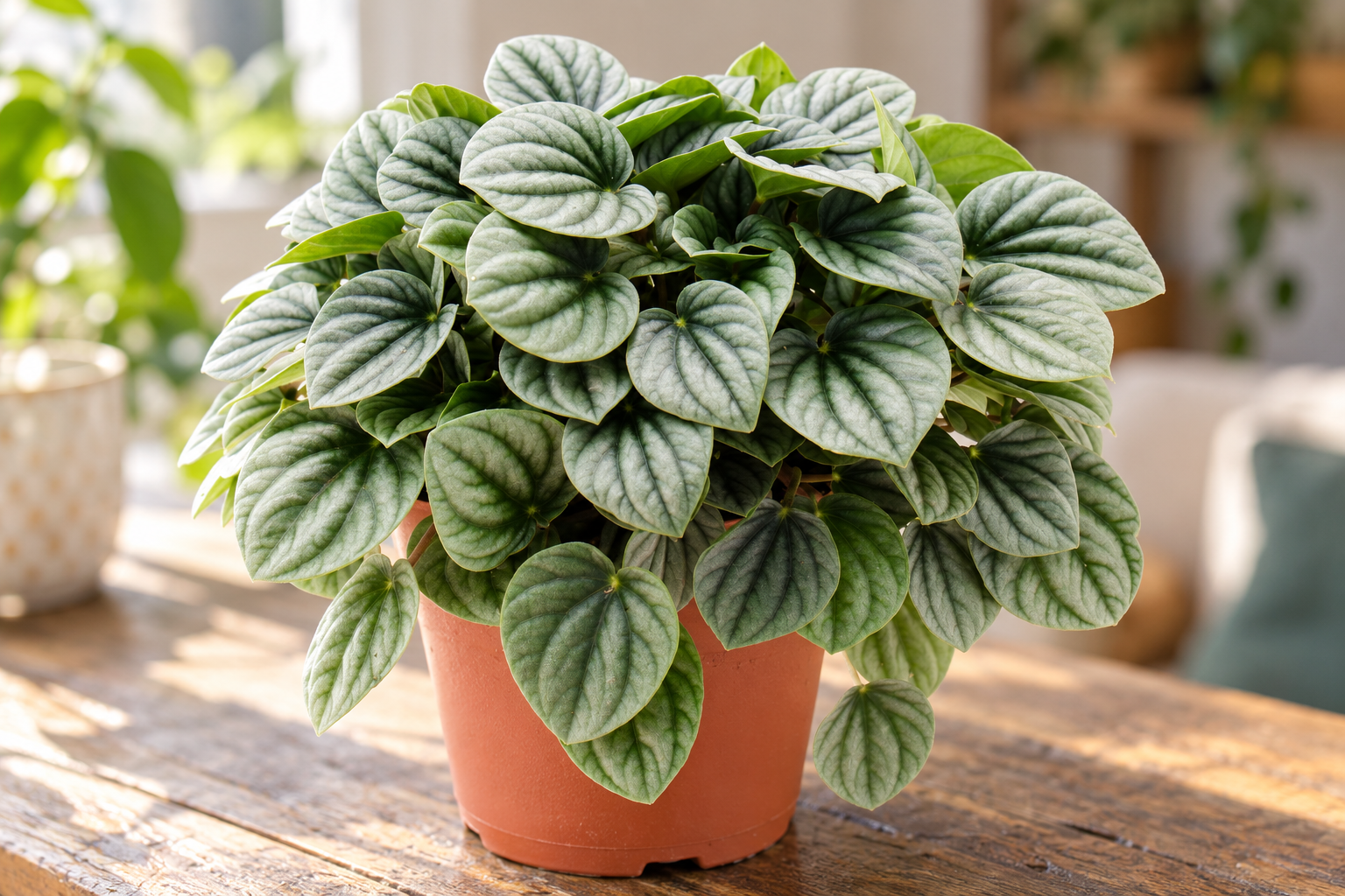 Vergrößerte KI-Detailansicht von Peperomia caperata 'Moonlight'