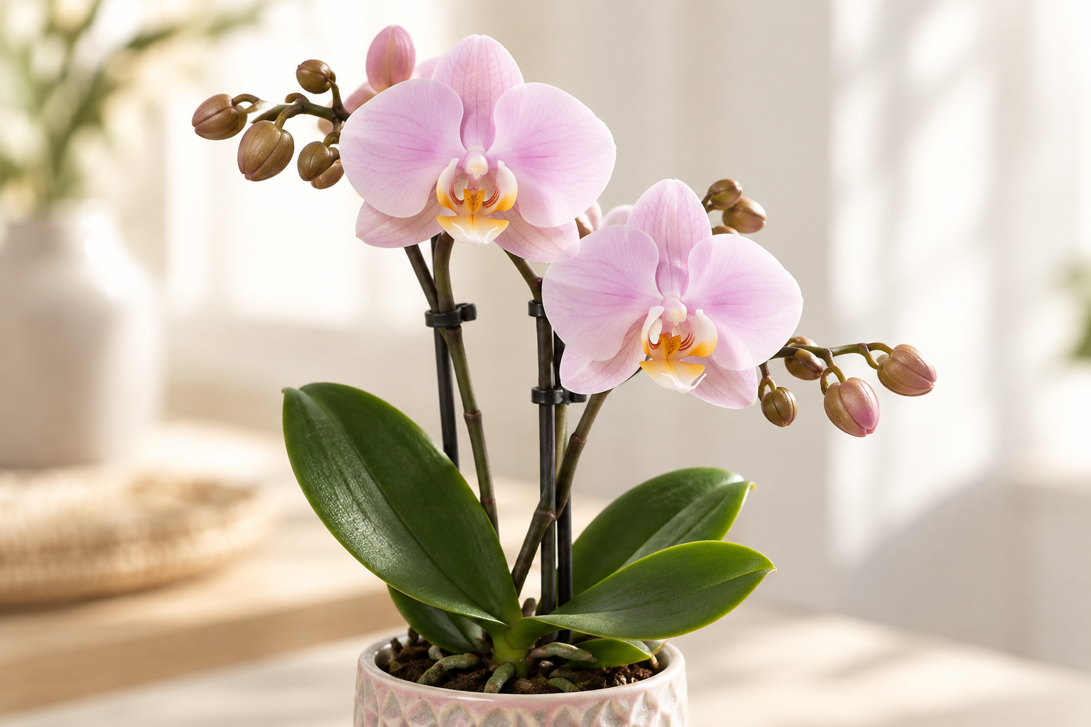 Détail floral Andorra créé par IA aux surfaces rose délicat et au labelle blanc-jaune