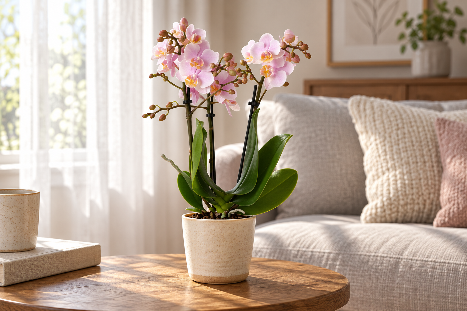 Petite orchidée Phalaenopsis Andorra rose de Kolibri dans une scène de salon lumineuse créée par IA près du canapé