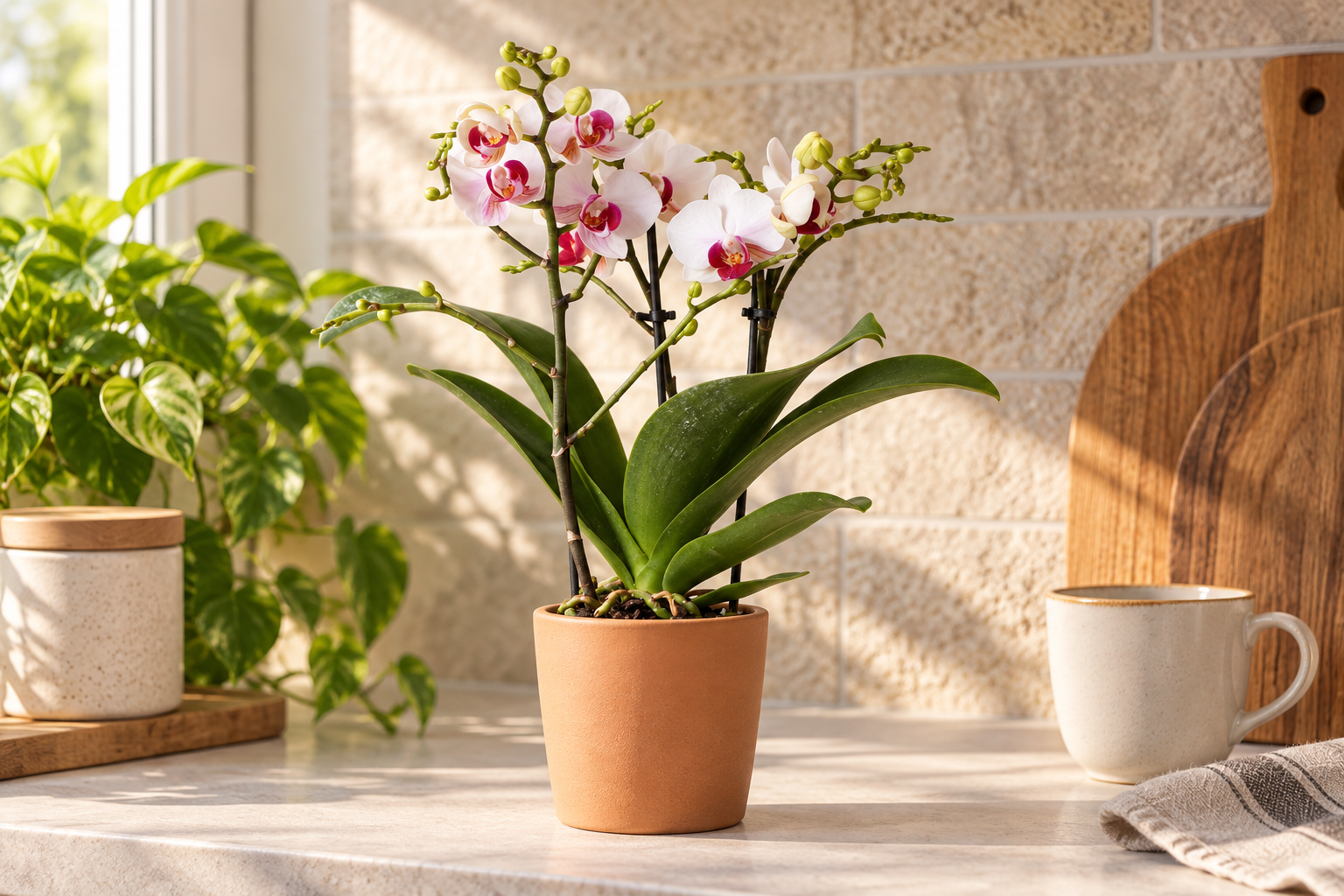 Kleine weiß blühende Phalaenopsis Mineral Gibraltar mit roten Blütenzentren auf einer hellen Frühstücksablage, KI-Szene