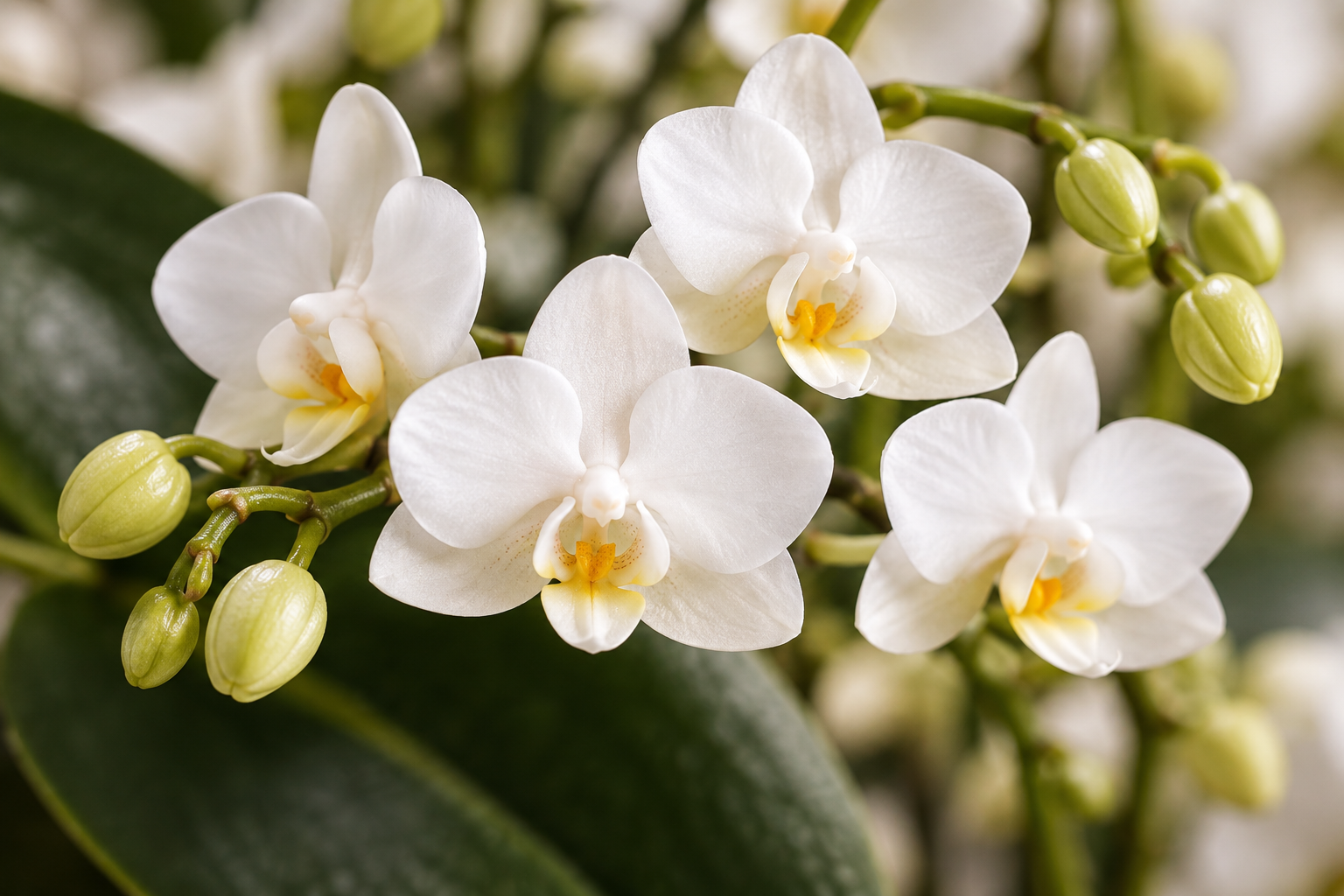 kleine weiße Blüten mit gelblicher Lippe auf verzweigten Bögen