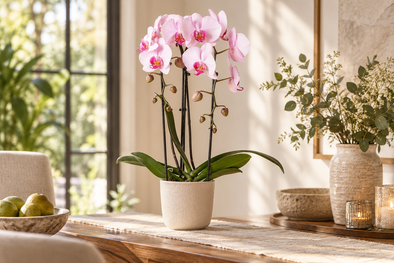 Rosa Phalaenopsis Niagara Fall mit hohen bogenförmigen Blütenstielen auf einer hellen Konsole, KI-Szene