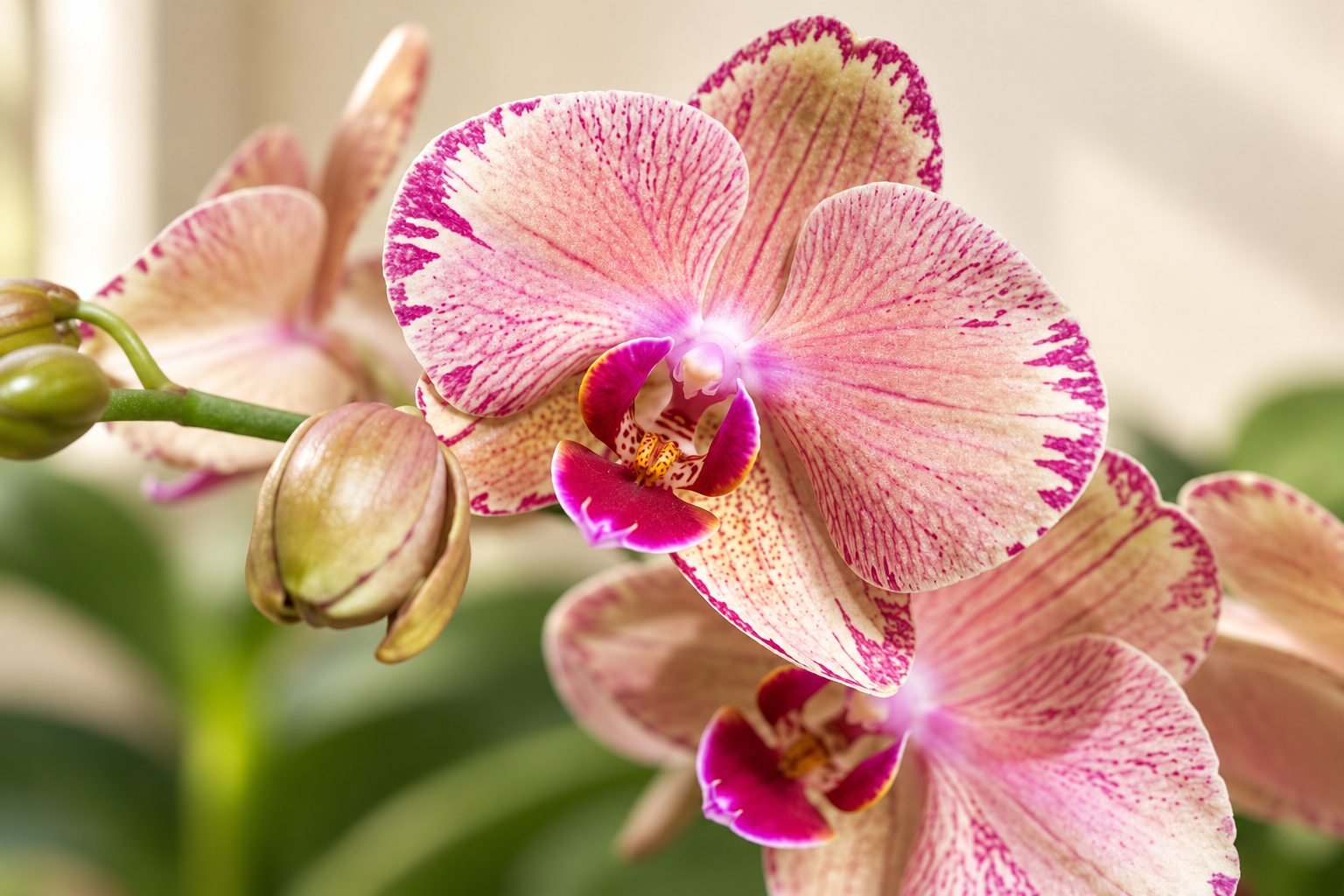 KI-gestaltetes Detail: warme cremefarbene Blüte mit feinen rosa Adern, magentafarbenem Picotee-Rand und gezeichneter Lippe