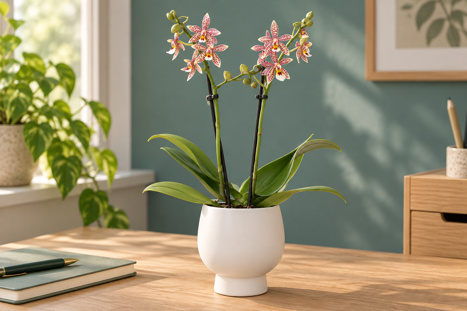 Phalaenopsis Spider dans une scène de bureau chaude lumineuse créée par IA