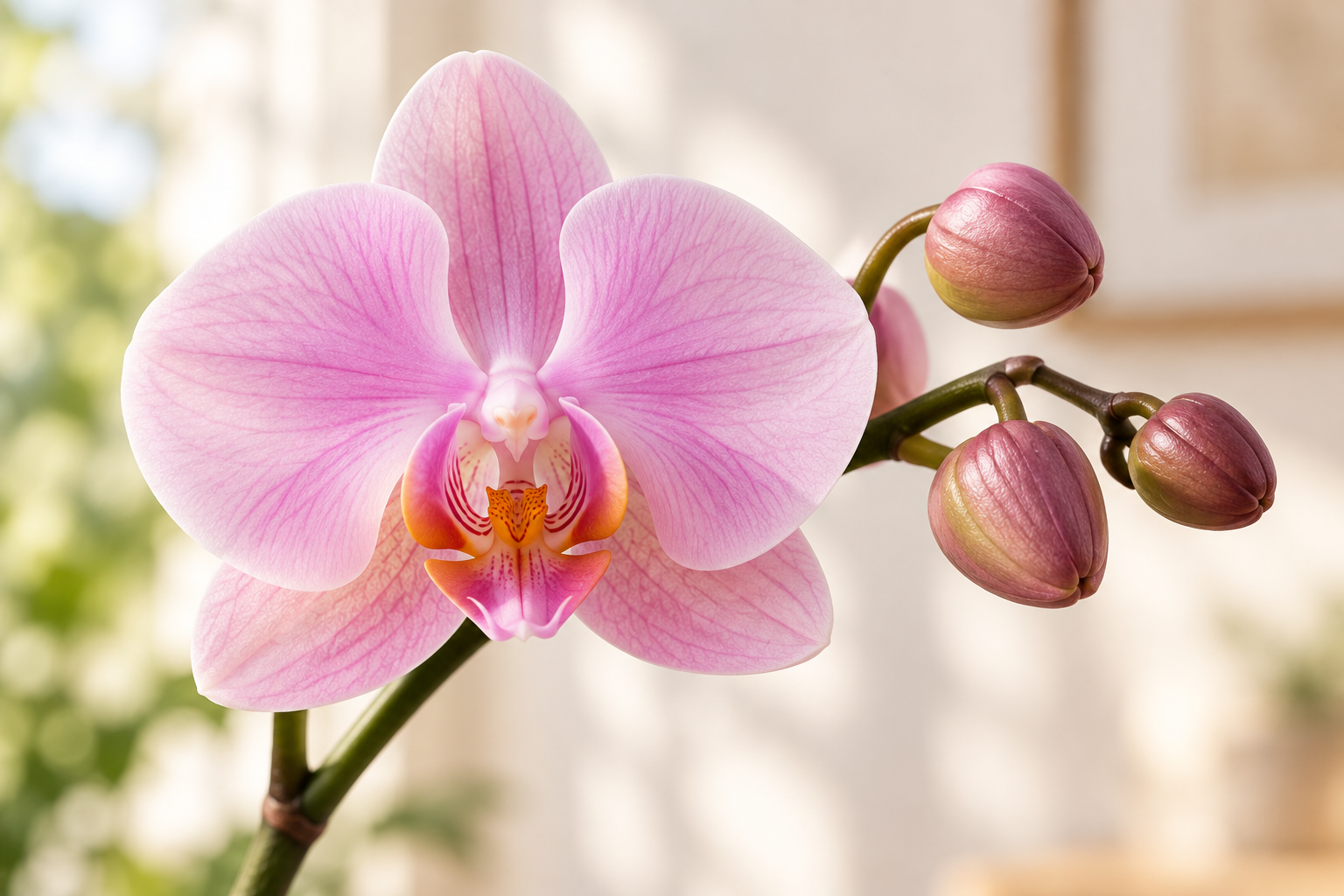 Detail einer rosa Phalaenopsis-Blüte mit Knospen, KI-Beispielszene
