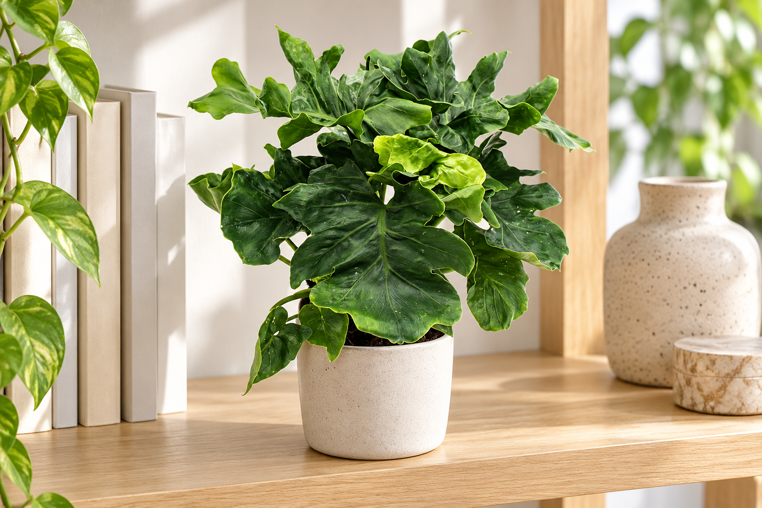 KI-gestaltete Wohnszene mit Philodendron selloum 'Atom' in den Proportionen der jungen Sortimentspflanze