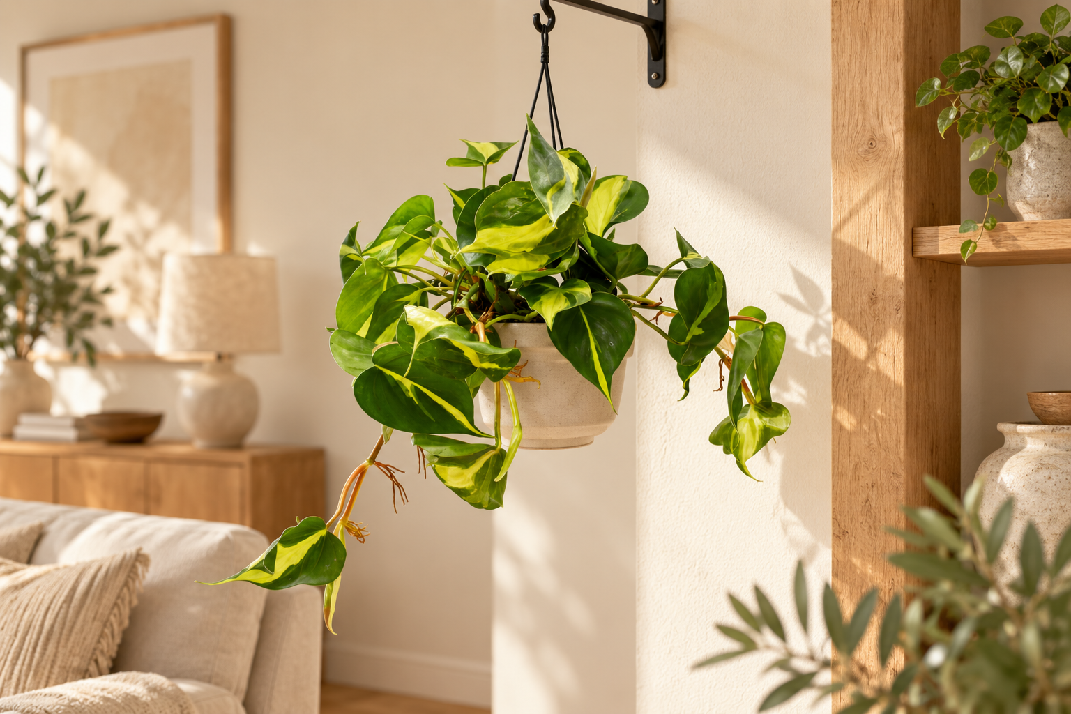 Philodendron Brasil mit grün-gelben Herzblättern in einer hellen Blumenampel