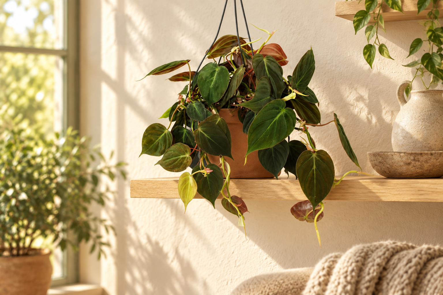 Samtblättriger Philodendron micans mit kurzen Ranken auf einem hellen Holzregal