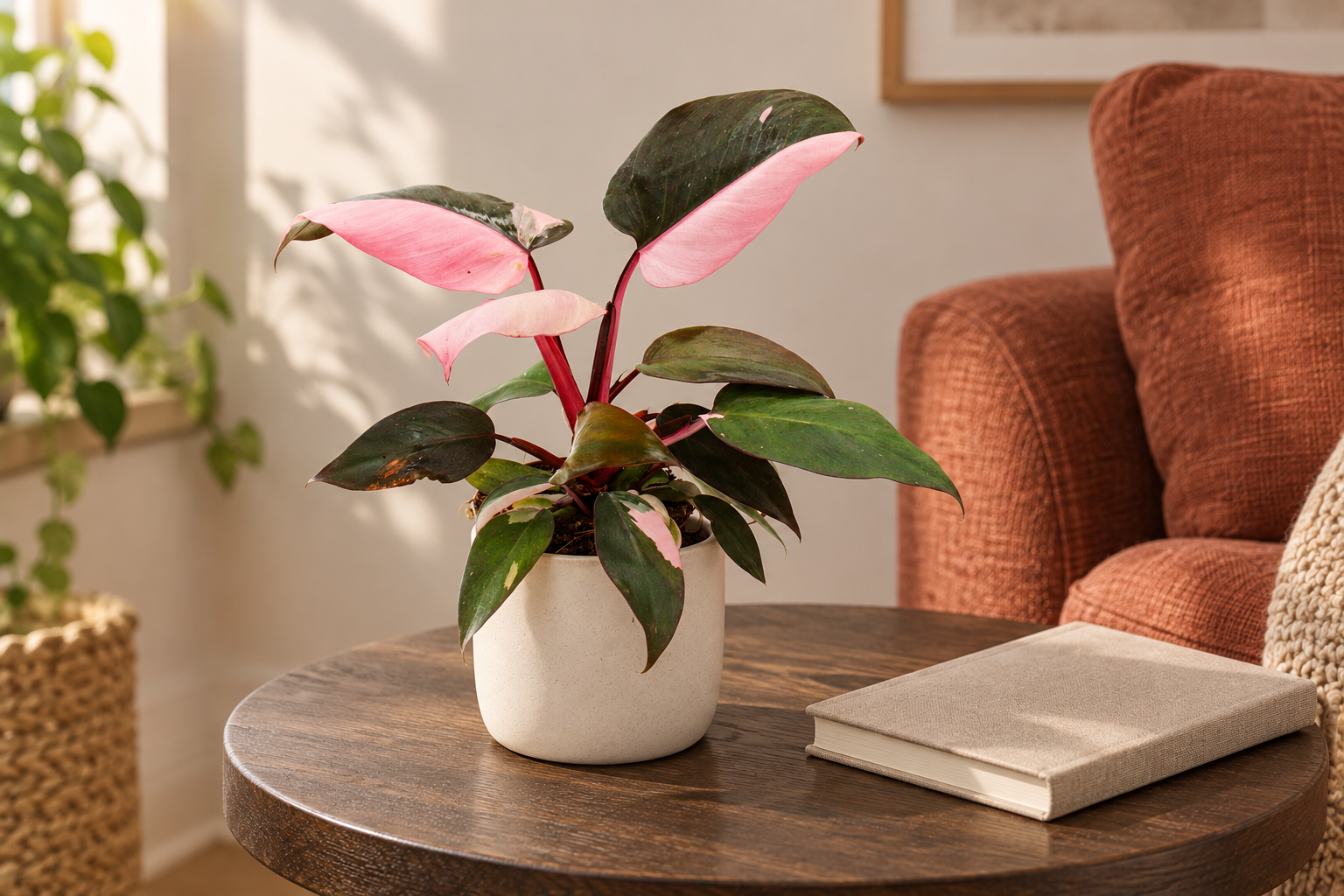 Junger Philodendron Pink Princess mit dunklen und rosa gezeichneten Blättern in einer warmen KI-gestalteten Leseecke