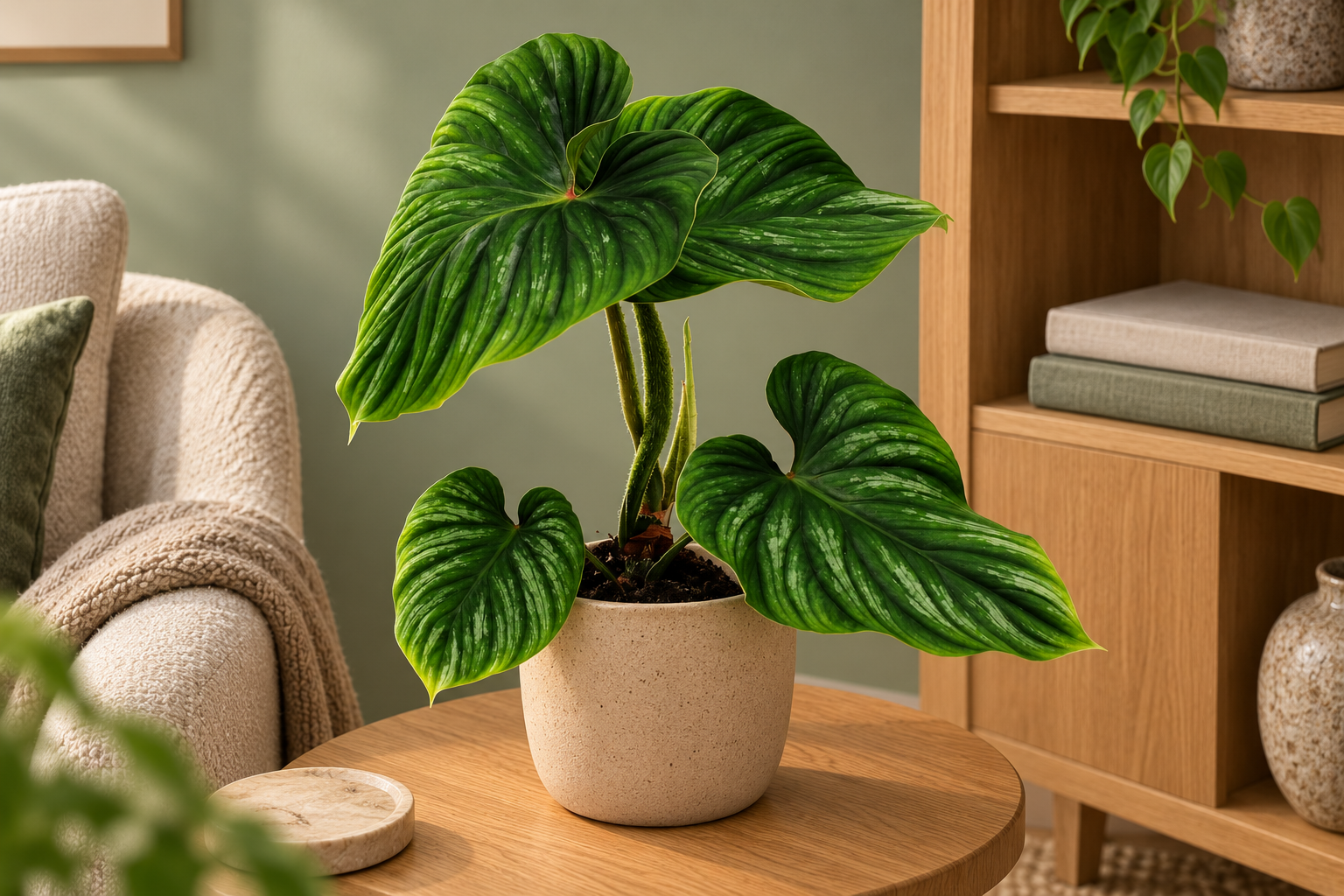 Philodendron plowmanii im sandfarbenen Übertopf auf einem Beistelltisch neben einem Bücherregal
