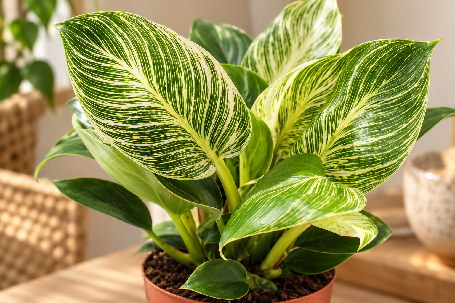 Vergrößerte KI-Detailansicht von Philodendron 'Birkin'