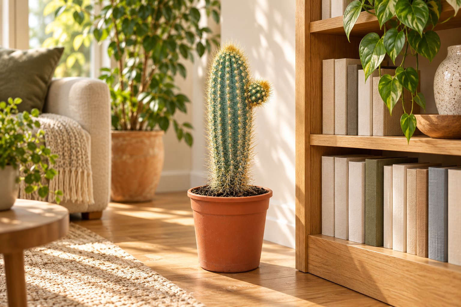 KI-gestaltete Wohnszene mit Pilosocereus braunii auf Basis der jungen Sortimentspflanze