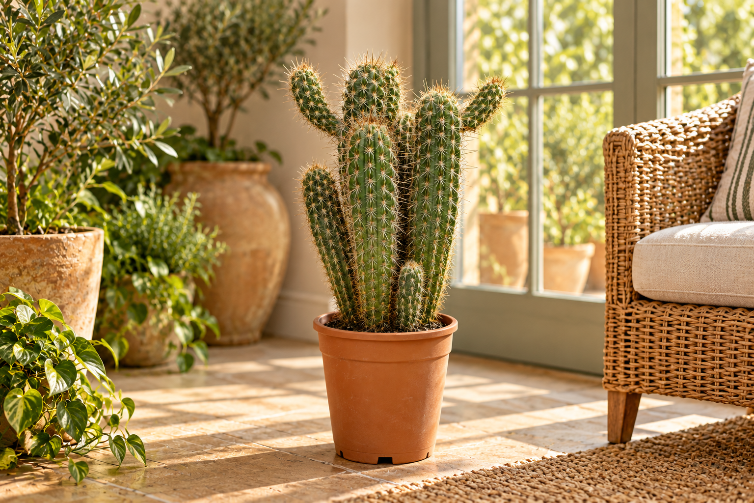 KI-gestaltete Wohnszene mit Pilosocereus gounellei auf Basis der jungen Sortimentspflanze