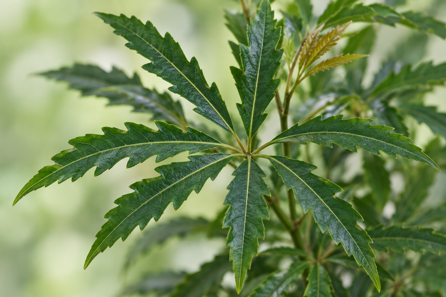 Feuille juvénile palmée aux folioles vert foncé très étroites dentées