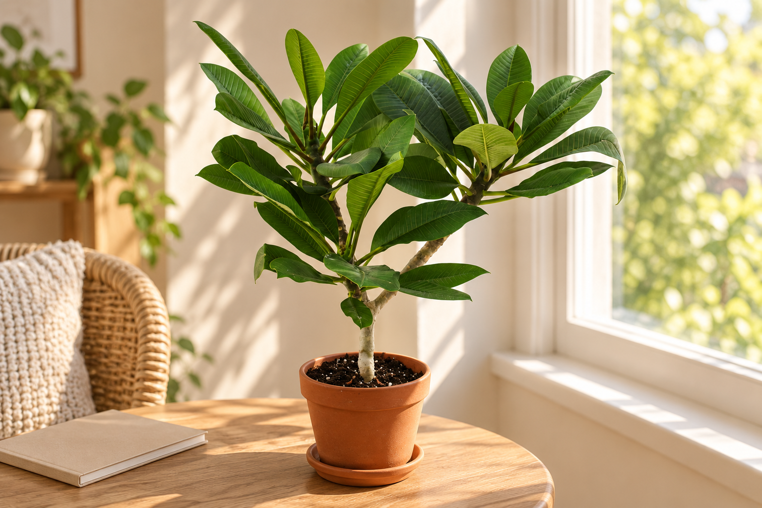 Junge vegetative Plumeria mit grauem verzweigtem Stamm und länglichen grünen Blättern im Terrakottatopf an einem warmen hellen Wintergartenplatz