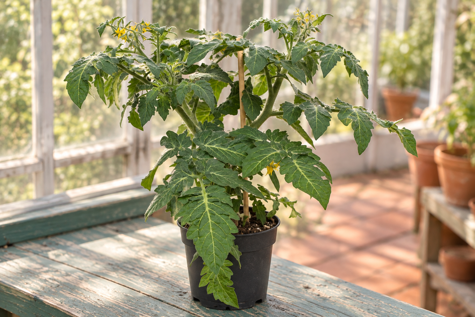 Exemple de culture créé par IA d’une jeune PotaTom au rameau de tomate tuteuré, feuillage vert divisé et petites fleurs jaunes
