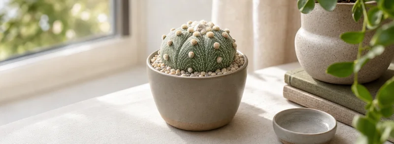 KI-gestaltete Szene: Astrophytum asterias: Seeigel-Kaktus mit Sternform – Titelbild