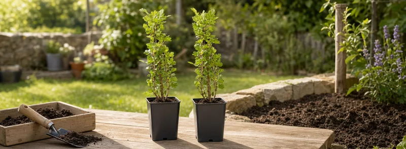 KI-gestaltete Szene: Ribes uva-crispa ‘Hinnonmäki’: rote Stachelbeere für den Beerengarten – Titelbild
