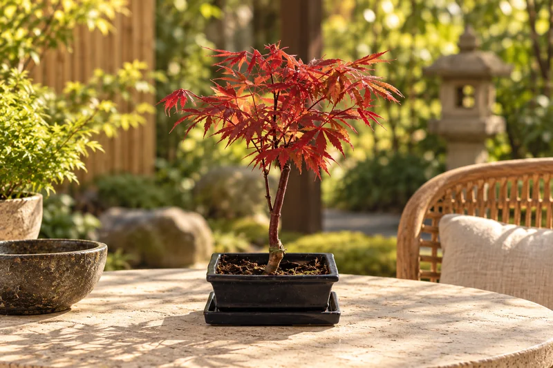 KI-gestaltete Gartenszene mit Acer palmatum 'Atropurpureum' in den Proportionen der jungen Sortimentspflanzen