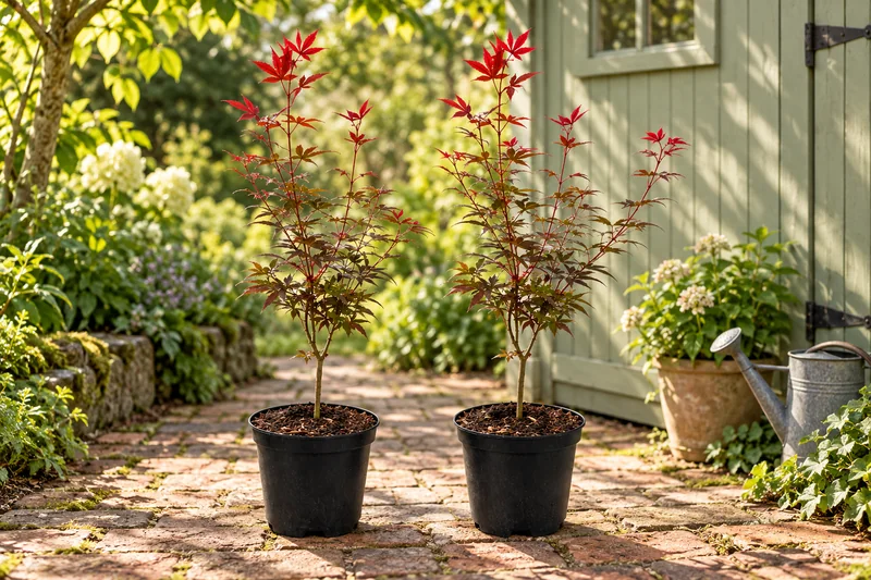 Fächerahorn Skeeter's Broom in einer passenden KI-gestalteten Gartenansicht. Zwei junge aufrechte Ahorne mit hellerem roten Austrieb entsprechend dem Set.