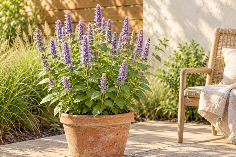 Später entwickelte Duftnessel Blue Fortune mit lavendelblauen Blütenähren in einem großen Terrakottakübel auf einer sonnigen Terrasse