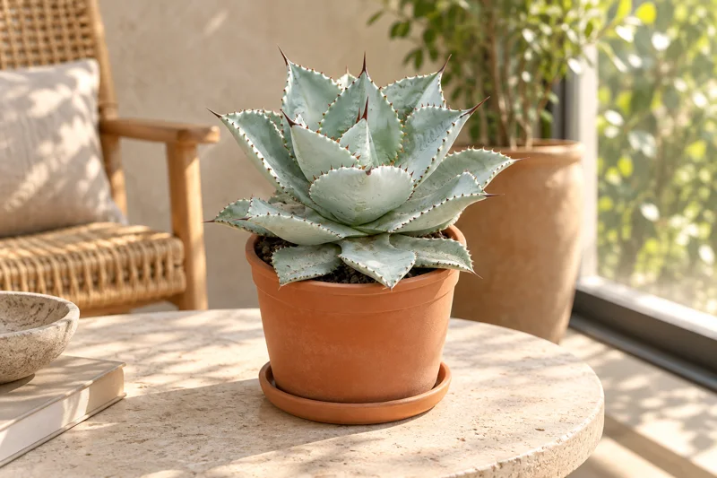 Kompakte blaugraue Agave Dragon Toes mit roten Randzähnen und Spitzen im Terrakottatopf am hellen Fenster