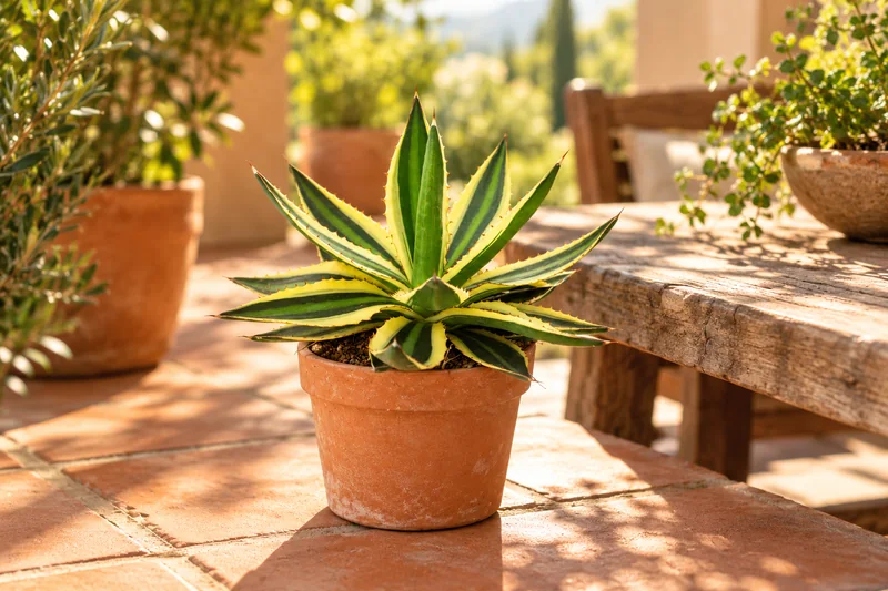 Junge vierfarbig gestreifte Agave mit schmalen gezähnten Blättern im kleinen Terrakottatopf auf einer hellen Terrasse