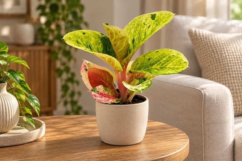 Junge Aglaonema Apple Fantasy mit apfelgrünen, rosa gezeichneten Blättern und rosa Stielen auf einem hellen Beistelltisch