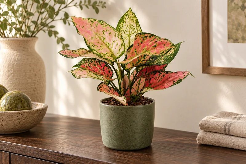 KI-gestaltete Szene von Aglaonema 'Crimson Love' am passenden Standort