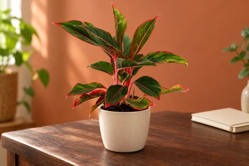 Junge Aglaonema Jungle Red mit dunkelgrünen rot gerandeten Blättern und rosa Stielen auf einer hellen Arbeitsablage